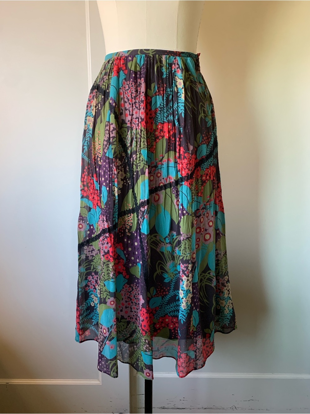 Ganni Floral Pleated Midi Skirt in Purple, Teal and Red